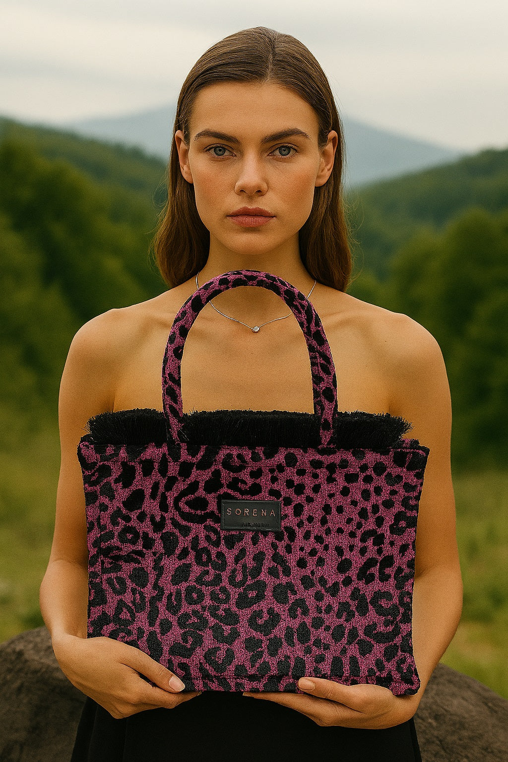 LEOPARD VELVET MEDIUM MAGENTA TOTE BAG