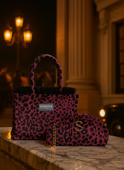 LEOPARD VELVET MEDIUM MAGENTA TOTE BAG